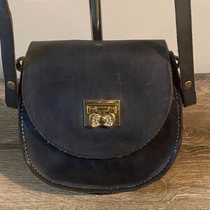 Handmade Navy Leather Small Crossbody Bag with Rhinestone Bow Closure 6.5x6x2